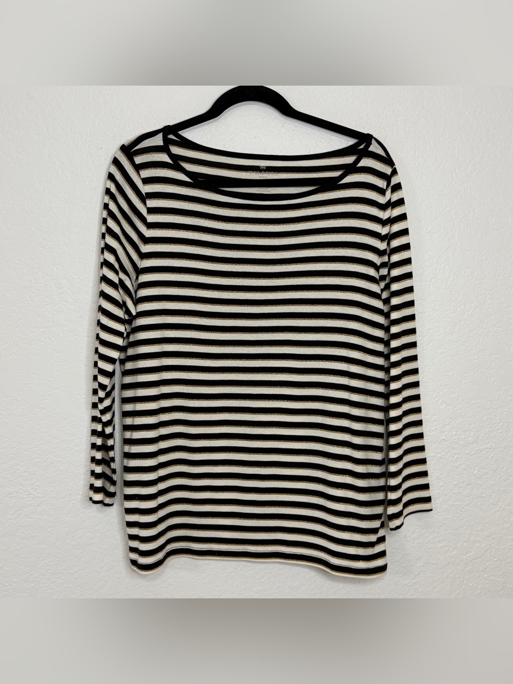 Talbots Woman Size 1X Black White & Metallic Gold Striped Boat Neck Shirt Top